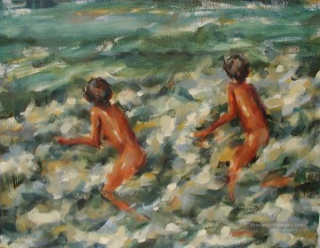 garçon jouant des vagues plage Impressionnisme enfant Peinture à l'huile